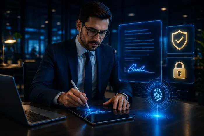 Profissional assinando um contrato digitalmente com caneta em tablet e biometria