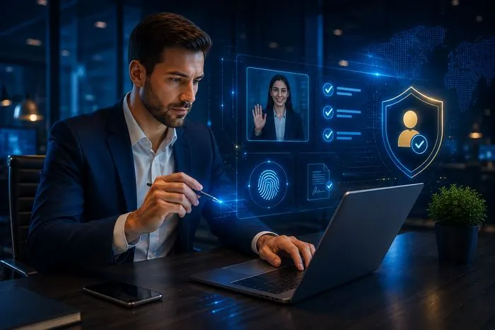 Profissional fazendo verificação de identidade digital no notebook